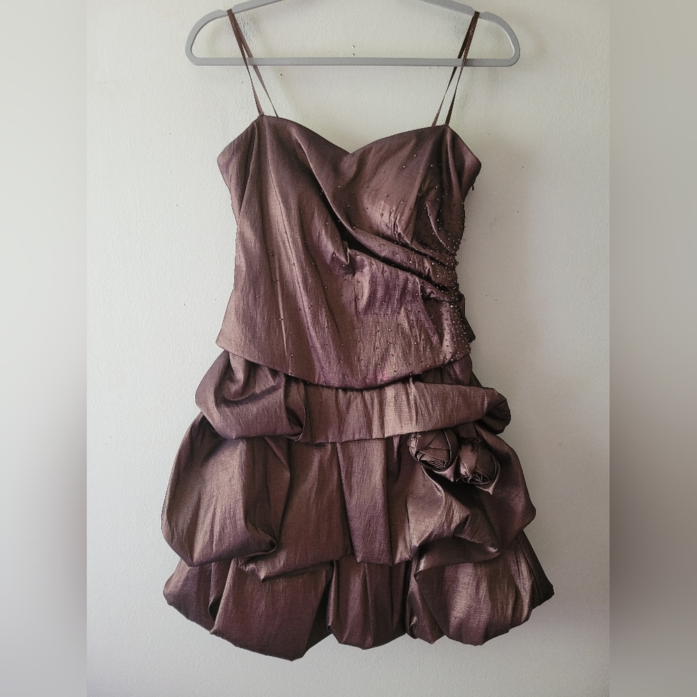 Vtg Brown Satin Strapless Corset Beaded Ruffle Tiered Coquette Formal Dress 8
